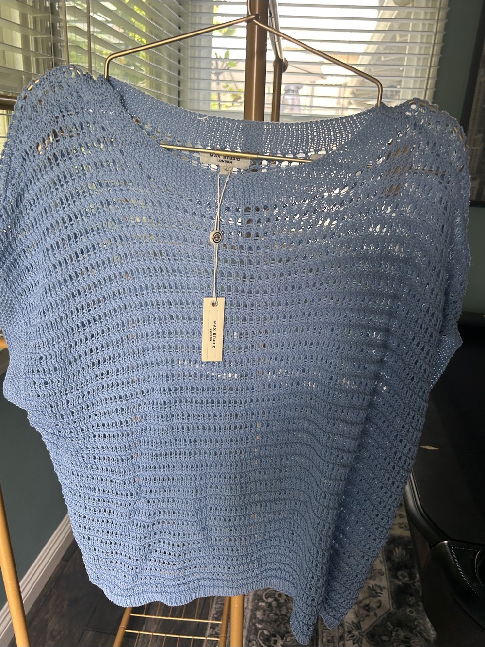 Max Studio London Sky Blue Open-Knit Scoop Neck Pullover NWT. Size S. $118 MSRP.